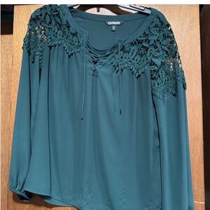 Express Dark Green Lace Accent Blouse
